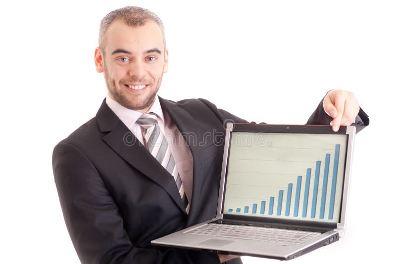 Business man pointing at a laptop with graph