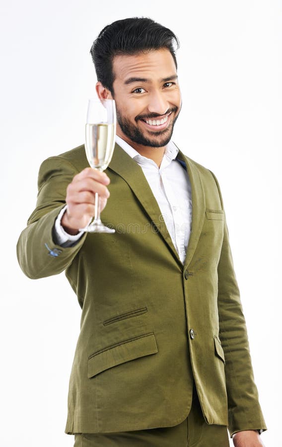 Business man, portrait and wine glass for cheers, celebration and happy hour of success on white background. Smile