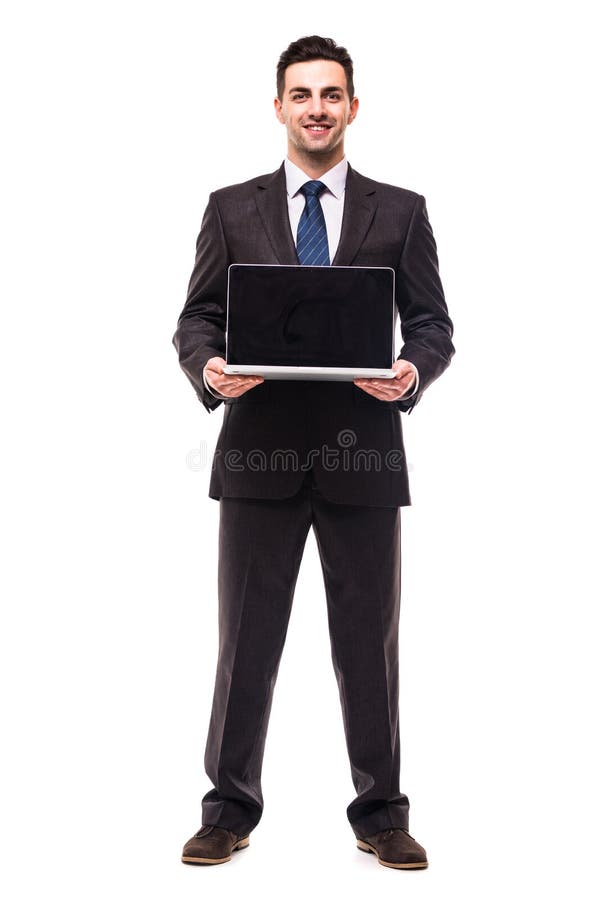 A business man presenting on a laptop on white background royalty free stock photography A business man presenting on a laptop on white background royalty free stock photography