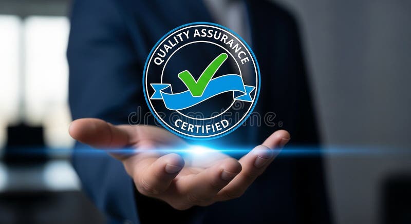 Quality assurance certification concept presented by a business man for trust and reliability vector illustration