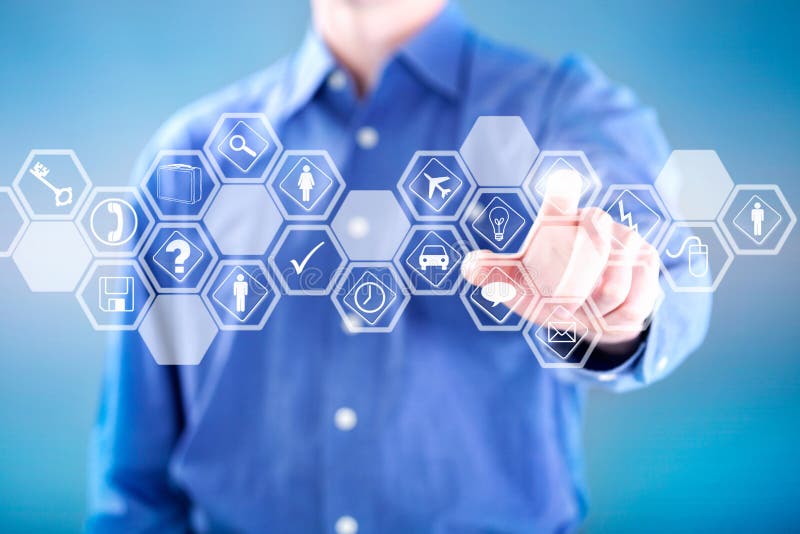 Business man pressing on button of digital virtual screen royalty free stock images