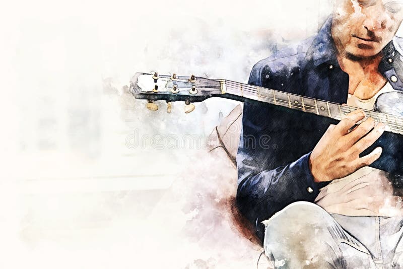 Business man relax time playing acoustic guitar in the office on watercolor illustration painting background.