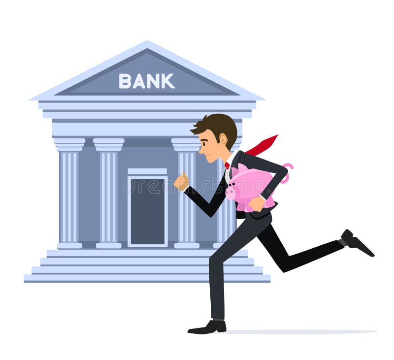 Business man running with piggy-bank to bank