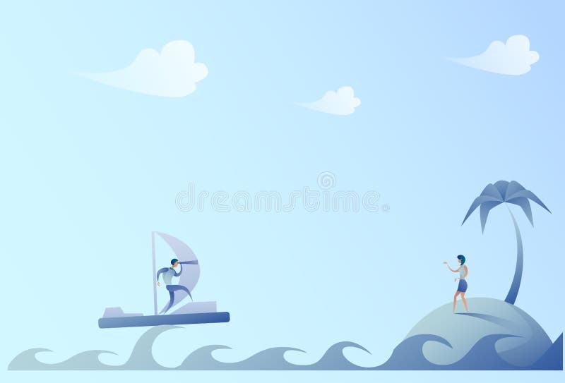 Business Man Sailing On Boat Looking With Binocular Businesswoman On Island Success Concept vector illustration Business Man Sailing On Boat Looking With Binocular Businesswoman On Island Success Concept vector illustration