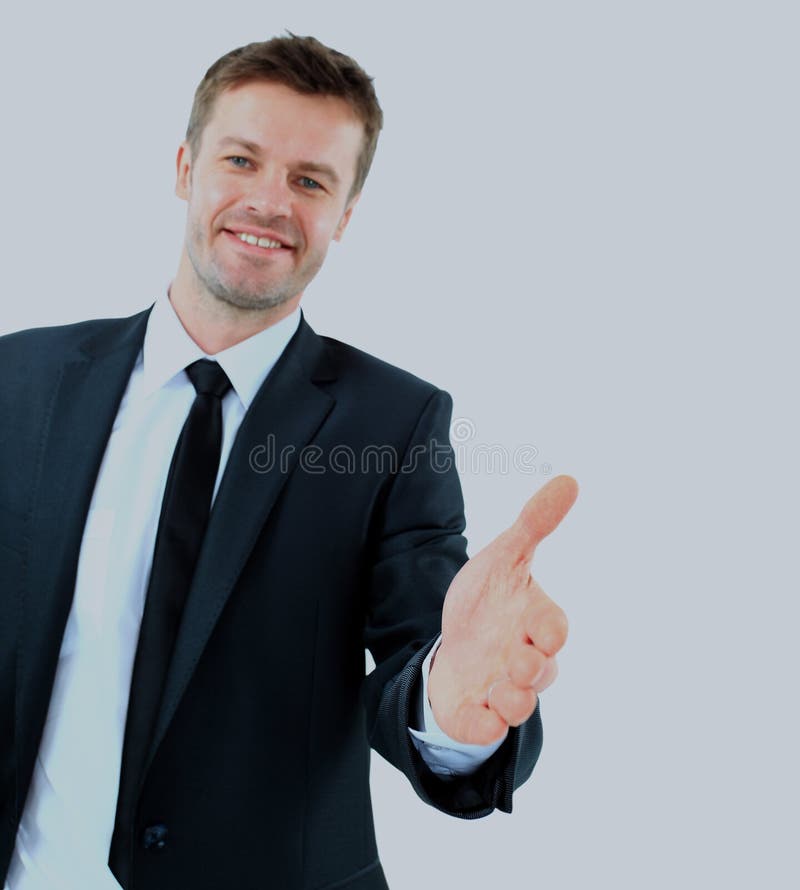 Business man saying welcome and giving hand. royalty free stock photography Business man saying welcome and giving hand. royalty free stock photography