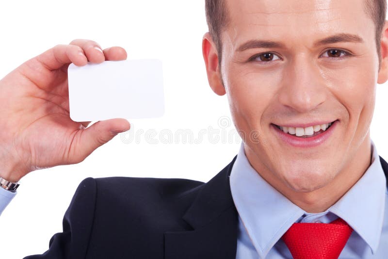 Business man showing a blank business card