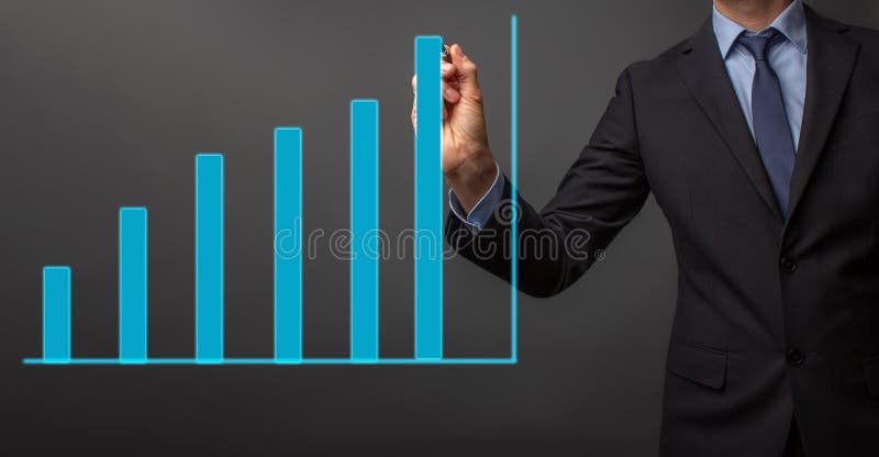 Business man in suit is drawing a growth rate - anual growth rate - business decrease or inrease. Rate decrease graphic stock images, royalty-free photos and pictures