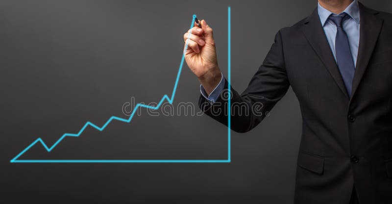 Business man in suit is drawing a growth rate - anual growth rate - business decrease or inrease. Rate decrease graphic stock images, royalty-free photos and pictures