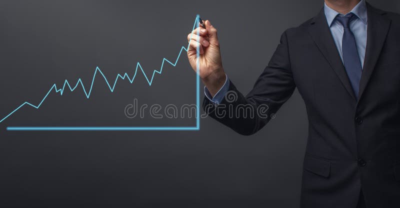 Business man in suit is drawing a growth rate - anual growth rate - business decrease or inrease. Rate decrease graphic stock images, royalty-free photos and pictures