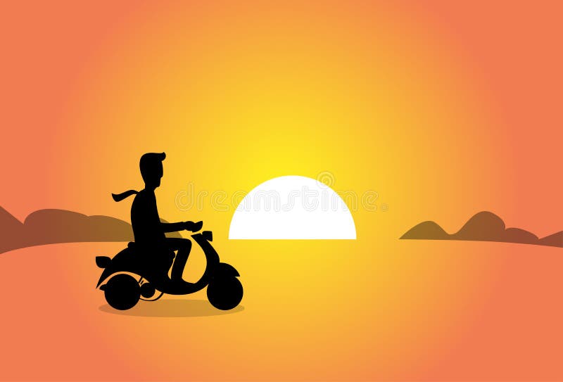 Business Man Silhouette Ride Electrical Scooter over Sunset Background Transport Flat Vector Illustration