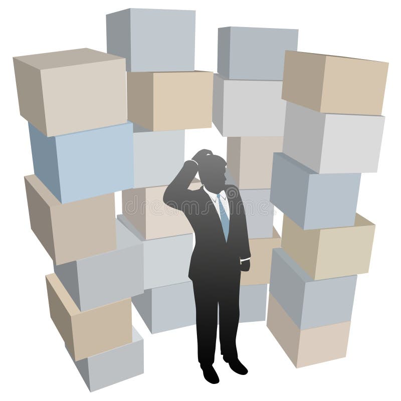 Businessman person with inventory problem in stacks of shipping boxes cartons. Pile boxes vectors