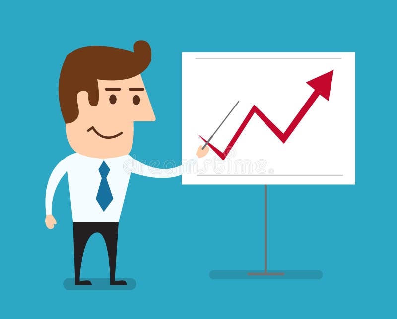 Business man standing pointing at chart growing graph royalty free illustration
