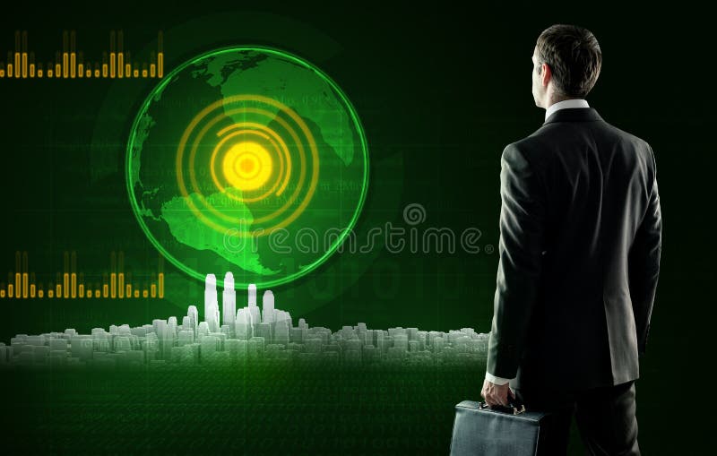 Business man stands near virtual screen with city royalty free stock photography Business man stands near virtual screen with city royalty free stock photography