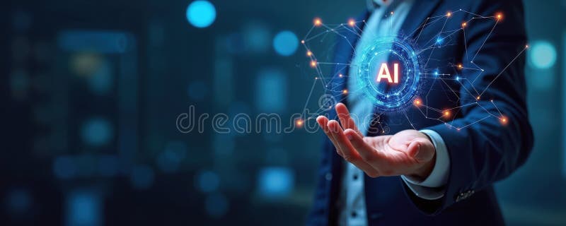Business man in suit presents AI interface with network connections. Artificial intelligence technology, machine learning stock illustration