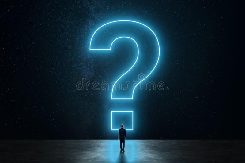A business man in a suit standing in front of a huge question mark. The concept of solving a problem, finding answers royalty free stock photography