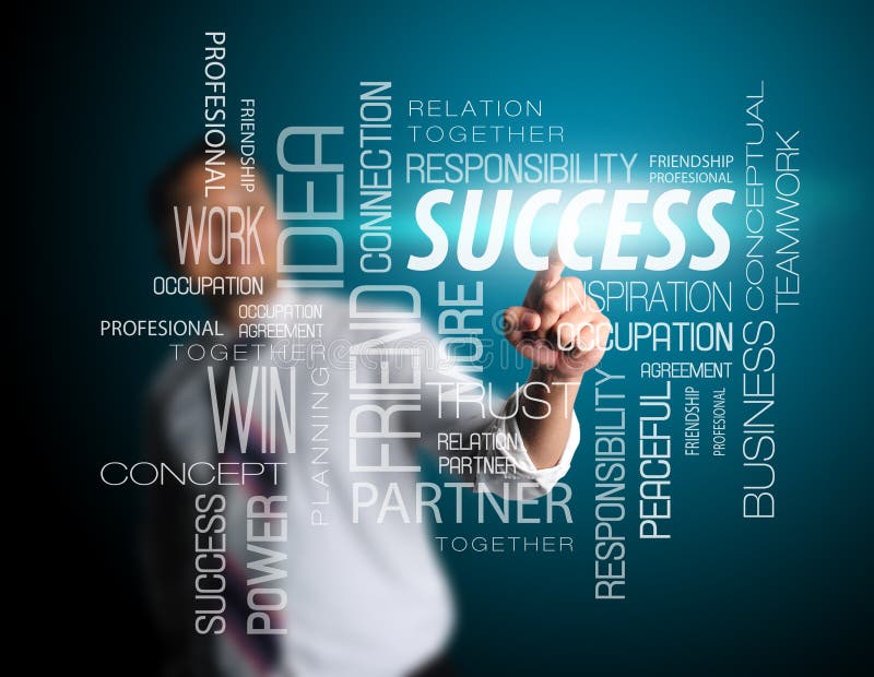 Business man touching success nametag royalty free stock photo