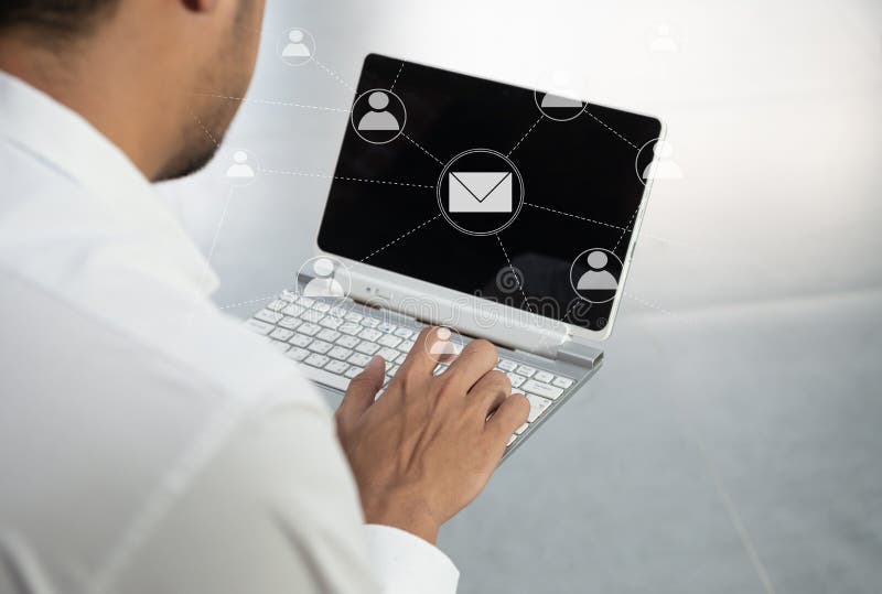 Business man is using laptop with mail and person icon for mailing transfer concept royalty free stock photos