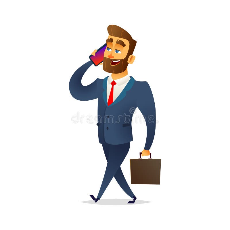 Business man walking and talking on the phone. The manager goes with a briefcase and talking on a smartphone