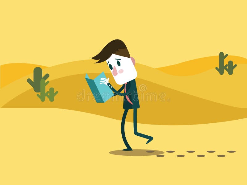 A business man watching a map. alone on a desert. stock illustration