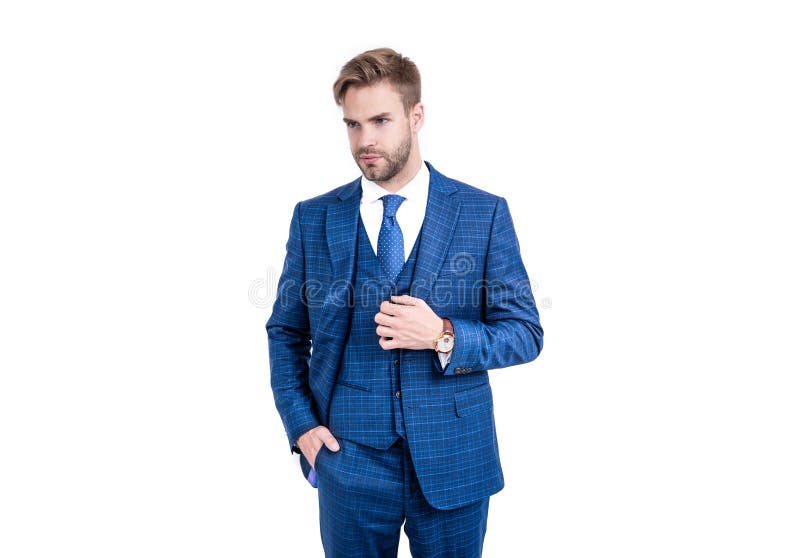 Business man wear navy three-piece suit in formal fashion style isolated on white, businessman