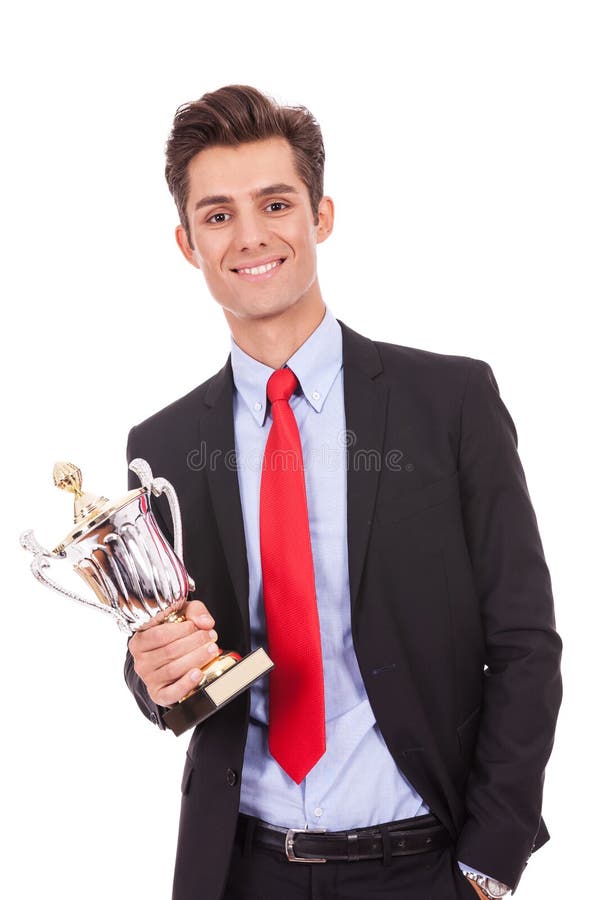Business Man Winner Holding a Cup Trophy Stock Image - Image of person