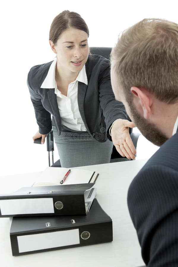 Business man and woman ask to sit down