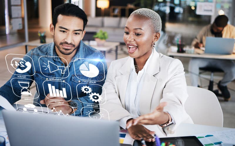 Business man, woman and laptop with hologram dashboard, app ux and web design for seo in startup office. Tech company royalty free stock photo