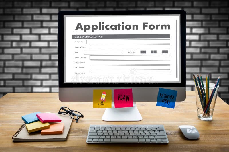 Business man working on laptop computer use Online Web Job Application Form moniter royalty free illustration