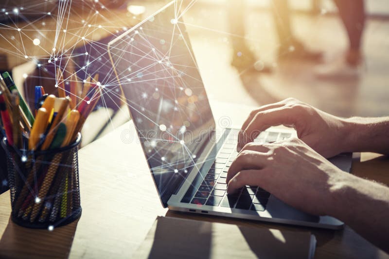 Business man works in office with laptop. Concept of internet network royalty free stock photo Business man works in office with laptop. Concept of internet network royalty free stock photo