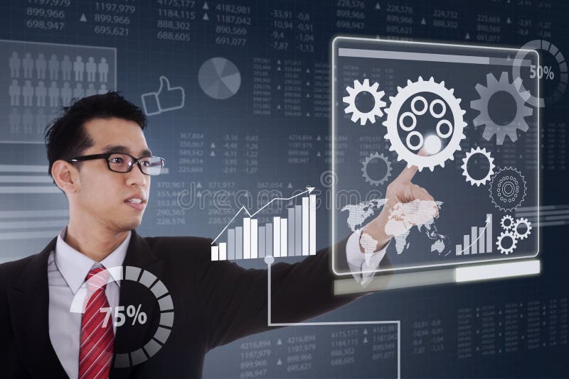 Business man works with virtual screen royalty free stock image Business man works with virtual screen royalty free stock image