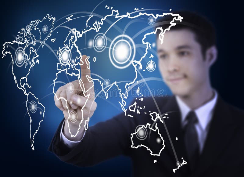 Business man with world map graphic screen