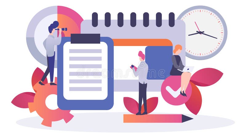 Business management task, vector illustration. Flat man woman people character work with plan concept. Design planner royalty free illustration