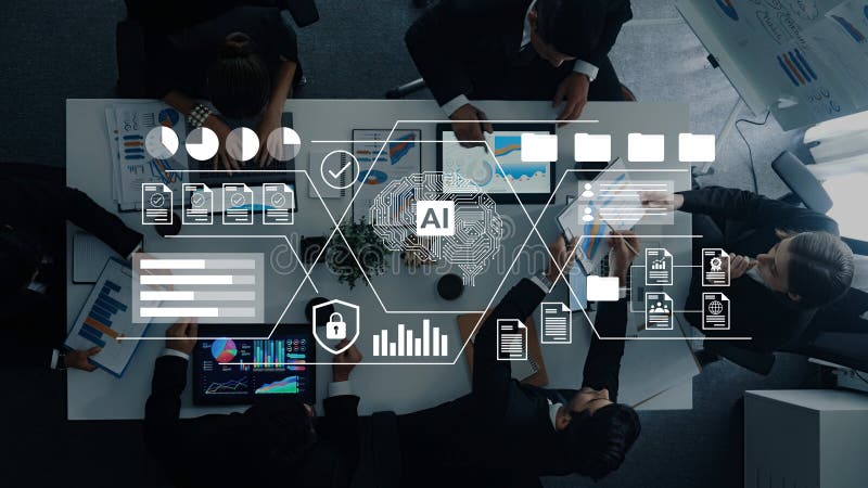 Business Meeting on Artificial Intelligence Strategy, Team Collaboration with Data Analytics, Modern Workspace for vector illustration