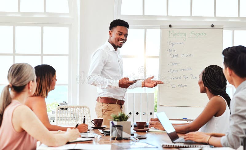 Business meeting, corporate management presentation and black man leader coaching team in modern office. Boardroom