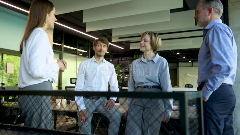 Business Meeting Manager diskutiert Arbeit mit seinen Kollegen. stock video