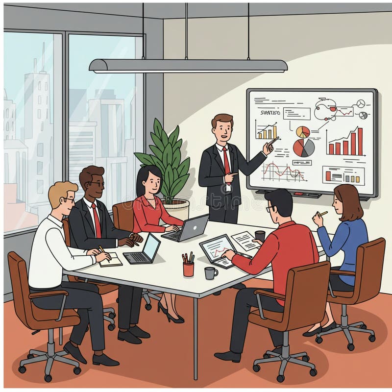 Business meeting in a modern office setting. Five people, diverse in appearance, sit royalty free illustration