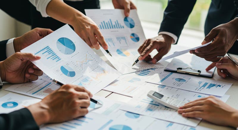 Business meeting with multiple hands pointing at documents displaying charts royalty free illustration