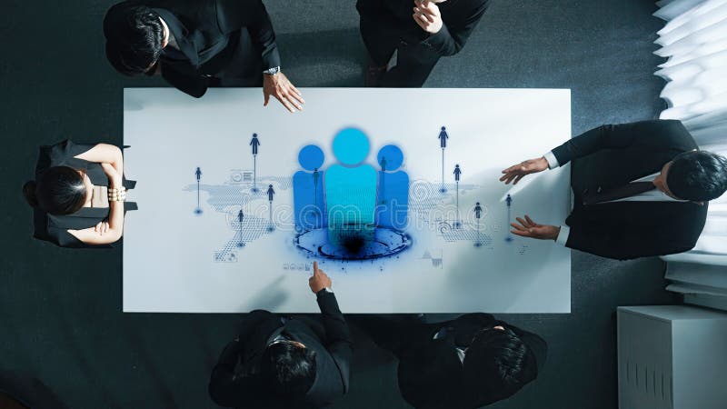 Business Meeting with Team Collaboration Over Table Visualizing Data and Charts, High-Tech Concept of Strategy and vector illustration