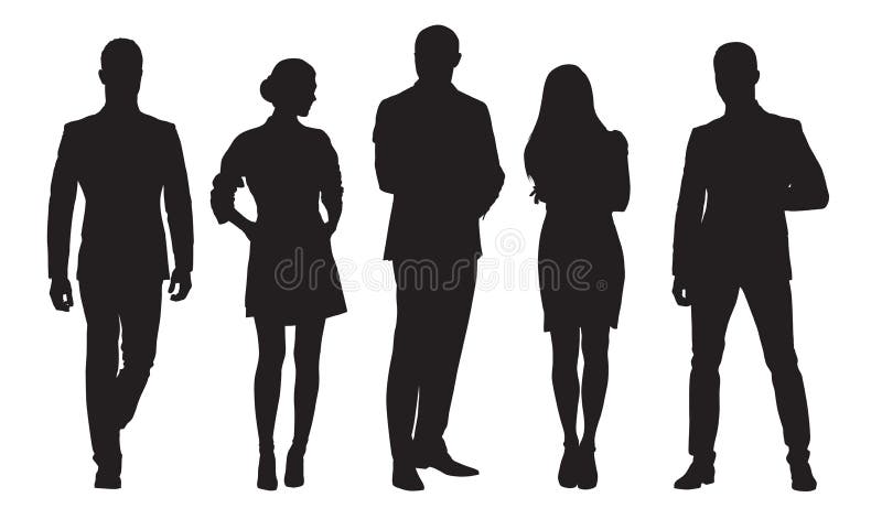 Business men and women, group of people at work. Isolated vector silhouettes. Businesspeople