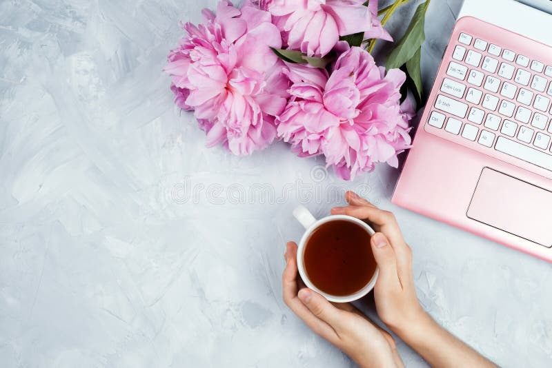 Business mockup with pink laptop, peonies bouquet and woman`s hands holding cup of warm tea royalty free stock photography Business mockup with pink laptop, peonies bouquet and woman`s hands holding cup of warm tea royalty free stock photography