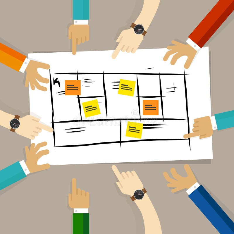 Business model framework. team discuss plan for developing company for future. concept of teamwork collaboration and royalty free illustration