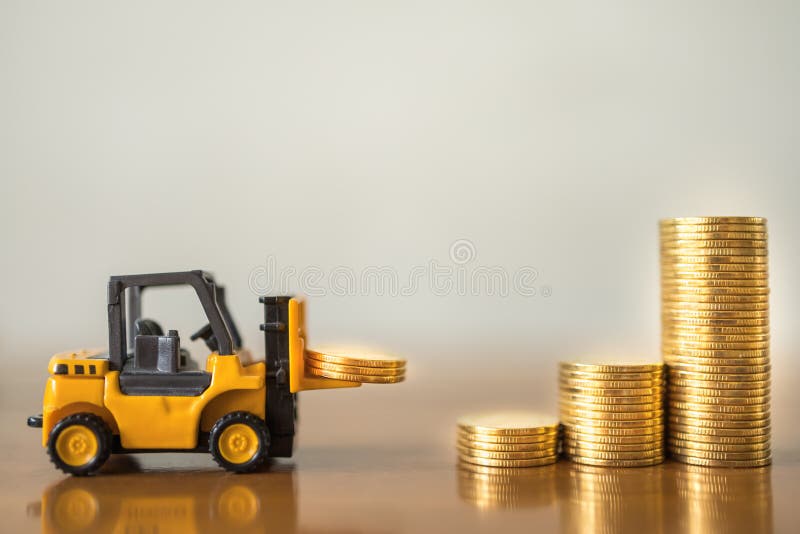 Business Money Finance And Saving Concept Close Up Of Miniature Mini Forklift Truck Contain 3 Coins And Puting To Top Of Stock Photo Image Of Background Forklift 174331746