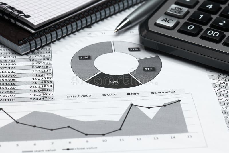 Business Office Desk Closeup Financial Reports, Analysis and