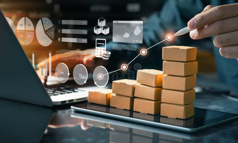 Business online marketing and product development concepts with customer relationship management system and enterprise resource stock image