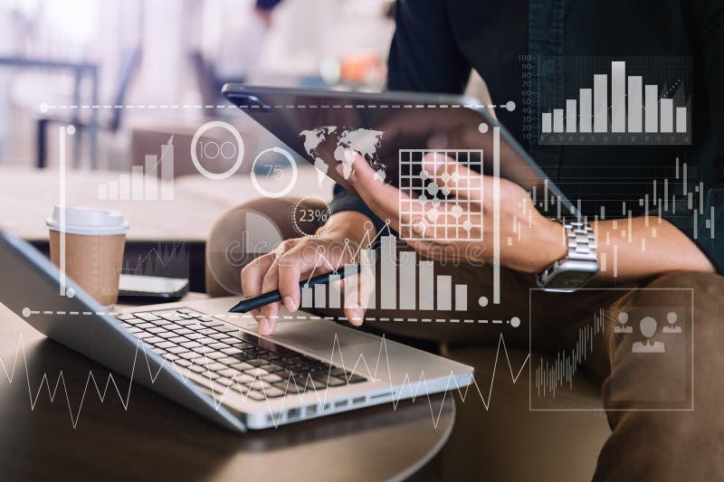 Business operations balance sheet working with laptop computer, tablet and smart phone in office royalty free stock photography.