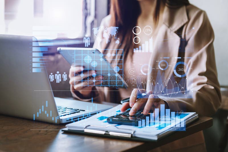 Business operations balance sheet working with laptop computer, tablet and smart phone in office royalty free stock photography.