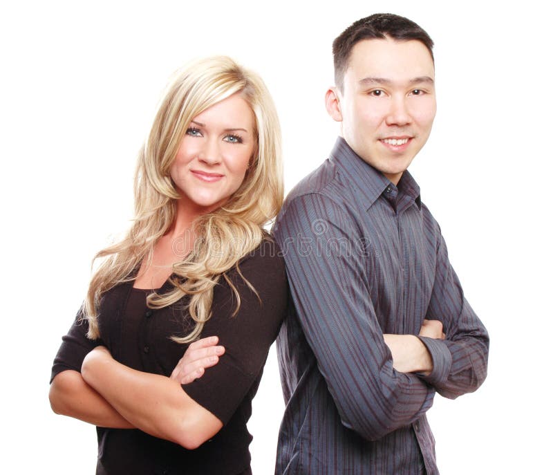 Business partners are posing against white background