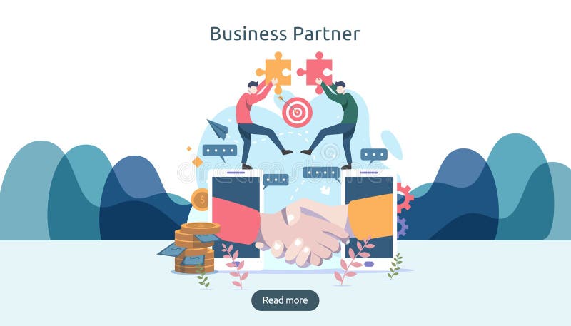 Business partnership relation concept idea with tiny people character. team working partner together template for web landing page