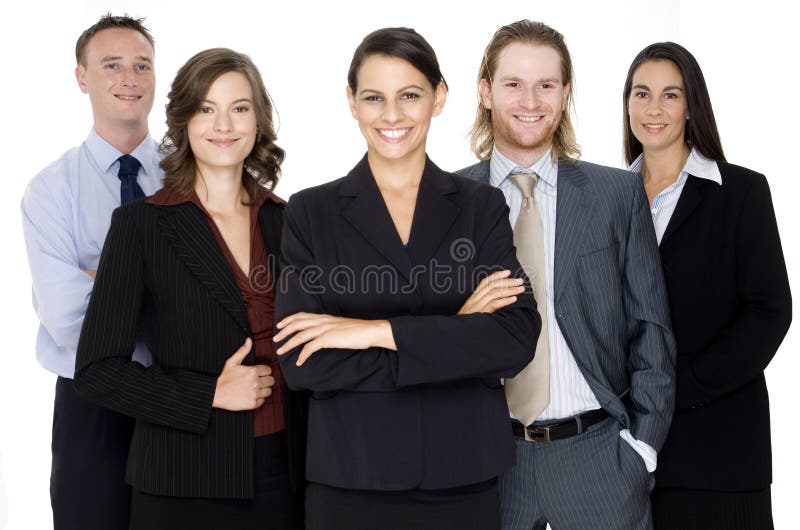 Skupina pěti mladých obchodní profesionály hledající šťastná a věří na bílém pozadí.