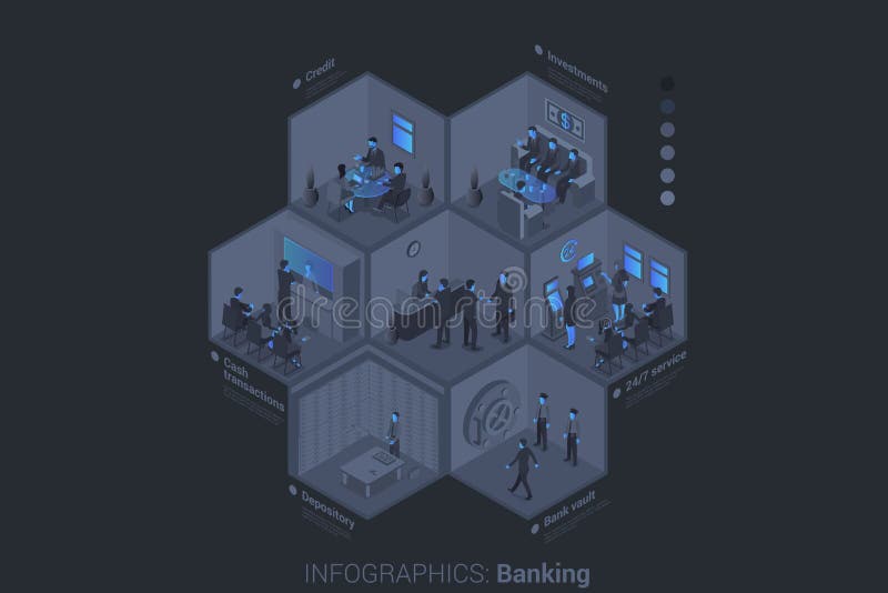 Business People in Bank Isometric Flat black monochrome vector concept royalty free illustration